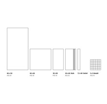 Diverse dimensiuni de plăci: 60 x 120, 60 x 60, 30 x 60, 30 x 60 treaptă, 7,2 x 60 soclu, 5 x 5 mozaic