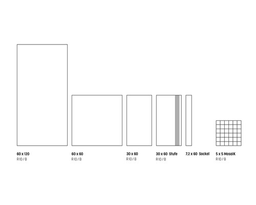 Diverse dimensiuni de plăci: 60 x 120, 60 x 60, 30 x 60, 30 x 60 treaptă, 7,2 x 60 soclu, 5 x 5 mozaic