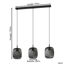 Lumină suspendată neagră cu trei lămpi, lățime de 77 cm și înălțime de 110 cm