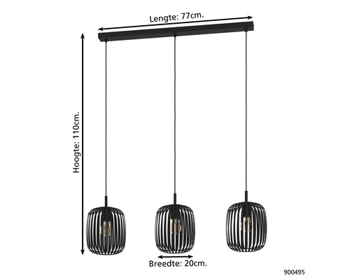 Lumină suspendată neagră cu trei lămpi, lățime de 77 cm și înălțime de 110 cm
