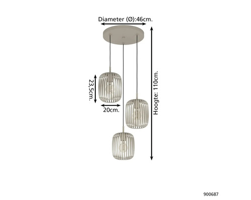 Lumină suspendată cu trei becuri, diametru 46 cm, înălțime 110 cm