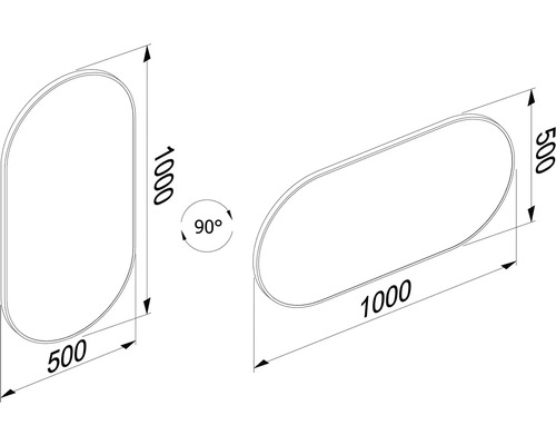 Desen tehnic al unei oglinzi de baie cu dimensiunile 1000 x 500 mm.