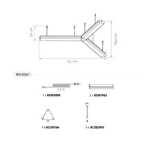 Desen tehnic al unei lămpi suspendate în formă de Y cu dimensiuni de 92,2 centimetri pe 106,4 centimetri și componentele individuale necesare.