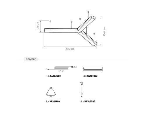 Desen tehnic al unei lămpi suspendate în formă de Y cu dimensiuni de 92,2 centimetri pe 106,4 centimetri și componentele individuale necesare.