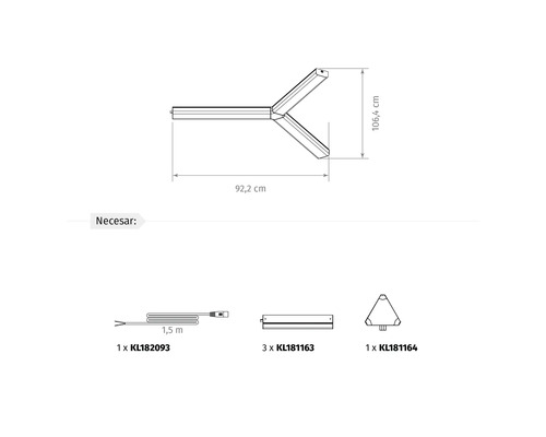 Desen tehnic al unei lămpi LED în formă de Y cu dimensiuni de 92,2 centimetri pe 106,4 centimetri și accesorii precum cablu și module LED.