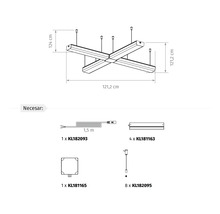 Desen tehnic al unei pendule LED în formă de cruce cu dimensiuni de 121,2 pe 121,2 centimetri și o prezentare generală a pieselor necesare.