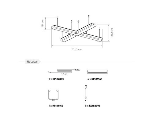 Desen tehnic al unei pendule LED în formă de cruce cu dimensiuni de 121,2 pe 121,2 centimetri și o prezentare generală a pieselor necesare.