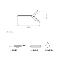 Desen tehnic al unei lămpi LED în formă de Y cu dimensiuni de 92,2 centimetri pe 106,4 centimetri și accesorii precum cablu și module LED.