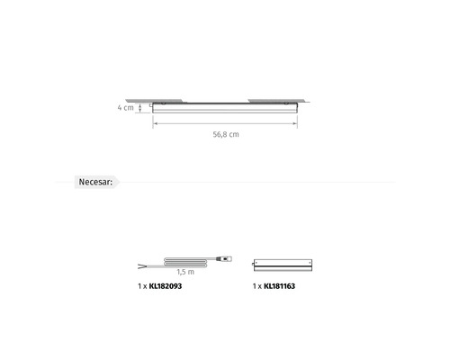 Desen tehnic pentru corp de iluminat sub corp, 56,8 centimetri pe 4 centimetri, cu cablu de 1,5 metri și unitate de iluminat.