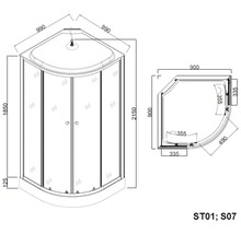 Desen tehnic al unei cabine de duș de colț cu dimensiuni