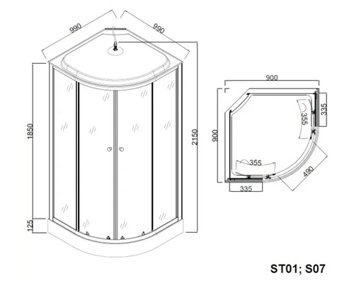 Desen tehnic al unei cabine de duș de colț cu dimensiuni
