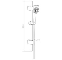 Desen cu set de duș cu o lungime de 660 mm și un cap de duș cu un diametru de 100 mm, precum și un furtun cu o lungime de 1,5 m.