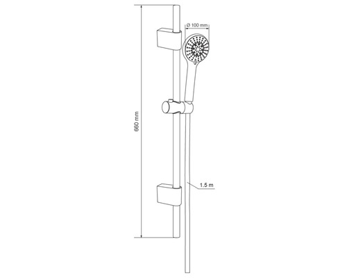 Desen cu set de duș cu o lungime de 660 mm și un cap de duș cu un diametru de 100 mm, precum și un furtun cu o lungime de 1,5 m.