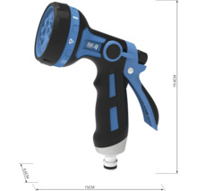 Pistol de pulverizare pentru grădină cu diferite tipuri de jet și dimensiunile 19,4 cm înălțime, 15 cm lungime și 6,6 cm lățime.