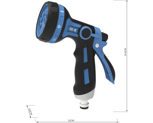 Pistol de pulverizare pentru grădină cu diferite tipuri de jet și dimensiunile 19,4 cm înălțime, 15 cm lungime și 6,6 cm lățime.