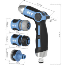 Pulverizator de grădină cu diverse piese de conectare și specificații dimensionale