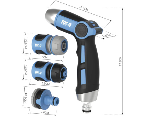 Pulverizator de grădină cu diverse piese de conectare și specificații dimensionale