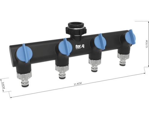 Distribuitor de apă cu patru ieșiri și logo-ul for.q