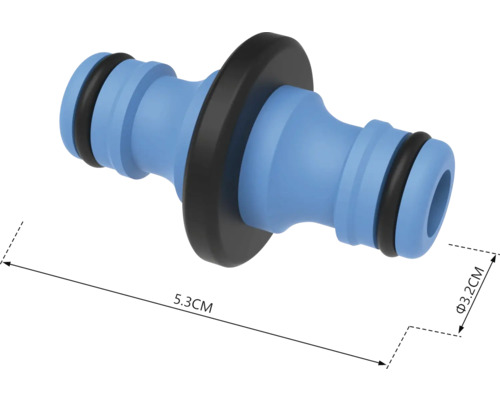 Conector pentru furtun de grădină cu dimensiunile de 5,3 cm lungime și 3,2 cm diametru