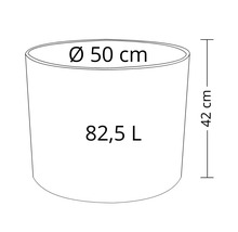 Schiță a unui vas de plantare cu dimensiunile de 50 centimetri în diametru, 42 centimetri înălțime și un volum de 82,5 litri