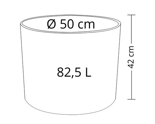 Schiță a unui vas de plantare cu dimensiunile de 50 centimetri în diametru, 42 centimetri înălțime și un volum de 82,5 litri