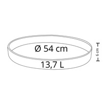 Jardinière rotundă cu dimensiunile de 54 cm diametru, 6 cm înălțime și 13,7 litri volum