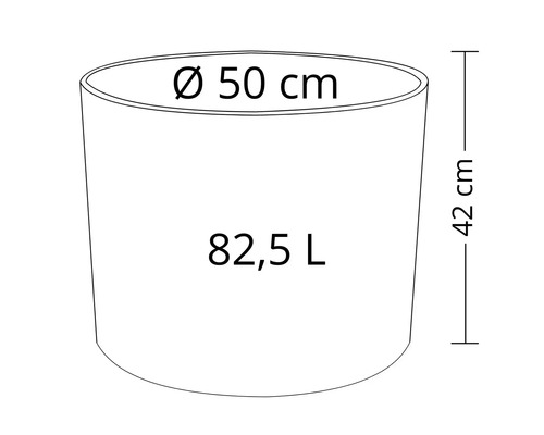 Desen tehnic al unui vas de plantare cu dimensiunile diametru de 50 cm, înălțime de 42 cm și volum de 82,5 litri
