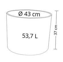 Desen tehnic al unui vas de plantare cu dimensiunile de 43 centimetri diametru și 37 centimetri înălțime și un volum de 53,7 litri