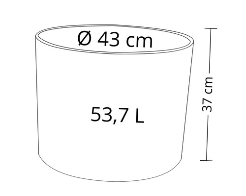 Desen tehnic al unui vas de plantare cu dimensiunile de 43 centimetri diametru și 37 centimetri înălțime și un volum de 53,7 litri