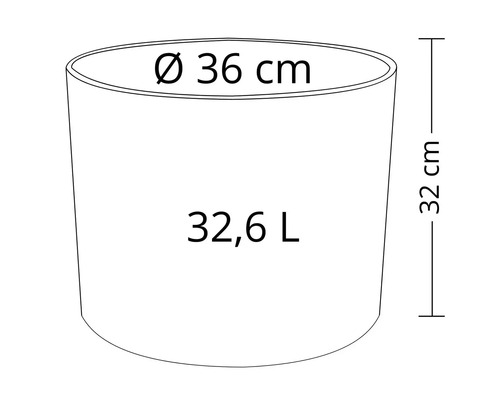 Schiță a unui ghiveci de flori cu dimensiunile de 36 centimetri diametru, 32 centimetri înălțime și un volum de 32,6 litri
