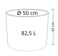 Imagine a unui vas de plantare cu dimensiunile de 50 de centimetri diametru, 42 de centimetri înălțime și un volum de 82,5 litri.
