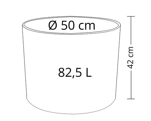 Imagine a unui vas de plantare cu dimensiunile de 50 de centimetri diametru, 42 de centimetri înălțime și un volum de 82,5 litri.