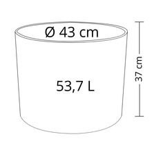 Desen tehnic al unui ghiveci de flori cu dimensiunile de 43 cm în diametru și 37 cm înălțime și un volum de 53,7 litri.