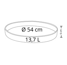 Schiță a unui vas rotund pentru plante cu diametrul de 54 de centimetri, înălțimea de 6 centimetri și volumul de 13,7 litri