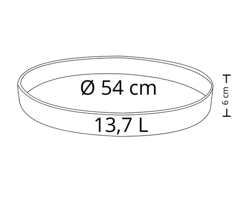 Schiță a unui vas rotund pentru plante cu diametrul de 54 de centimetri, înălțimea de 6 centimetri și volumul de 13,7 litri