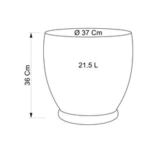 Schiță a unui vas de plantare cu dimensiunile diametru 37 centimetri, înălțime 36 centimetri și volum 21,5 litri.