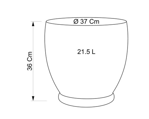 Schiță a unui vas de plantare cu dimensiunile diametru 37 centimetri, înălțime 36 centimetri și volum 21,5 litri.