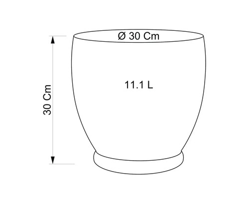 Desen tehnic al unui ghiveci de flori cu dimensiunile de 30 cm diametru și 30 cm înălțime, volum 11,1 litri