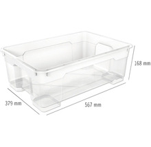 Cutie de depozitare din plastic cu dimensiunile de 567 mm lungime, 379 mm lățime și 168 mm înălțime.