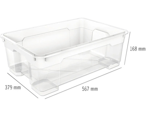 Cutie de depozitare din plastic cu dimensiunile de 567 mm lungime, 379 mm lățime și 168 mm înălțime.