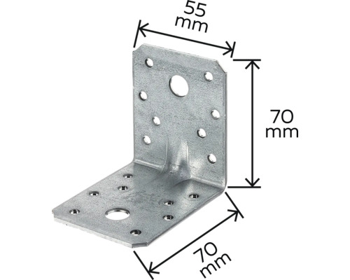 Conector unghiular cu dimensiunile de 55 mm pe 70 mm pe 70 mm.