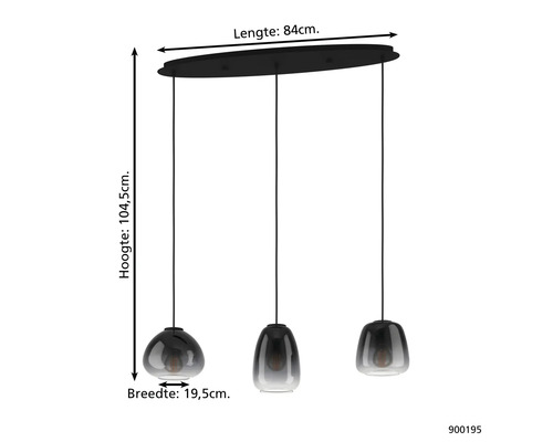 Imagine cu o lampă suspendată cu trei corpuri de iluminat și dimensiuni