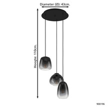 Lampa suspendată cu trei lumini cu un diametru de 43 centimetri și o înălțime de 110 centimetri.