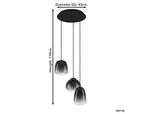 Lampa suspendată cu trei lumini cu un diametru de 43 centimetri și o înălțime de 110 centimetri.