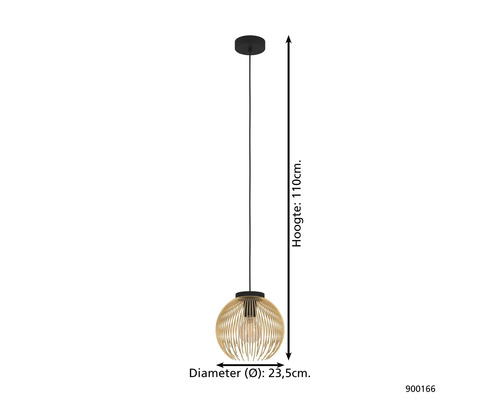 Lumină suspendată cu o înălțime de 110 cm și un diametru de 23,5 cm.