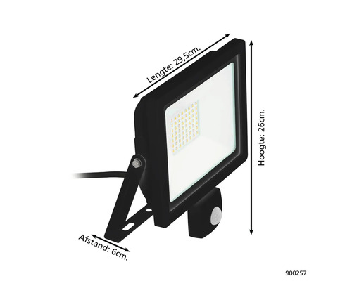 Reflector LED negru cu senzor de mișcare cu dimensiunile 29,5 cm lungime, 26 cm înălțime și 6 cm distanță