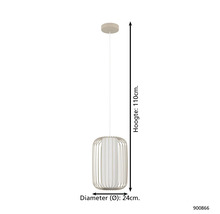 Lumină suspendată cu cadru metalic și abajur textil, înălțime 110 centimetri, diametru 24 centimetri
