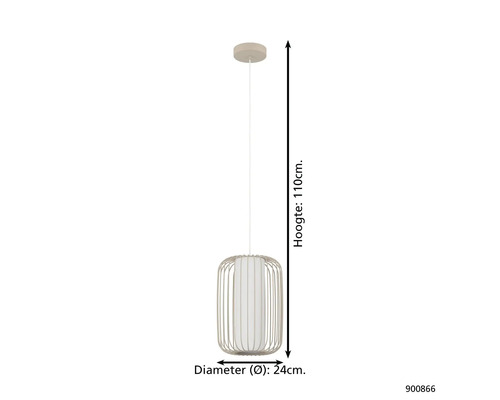 Lumină suspendată cu cadru metalic și abajur textil, înălțime 110 centimetri, diametru 24 centimetri