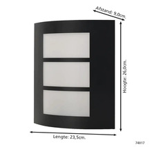 Lumină de perete cu dimensiunile de 26,0 cm înălțime, 23,5 cm lungime și 9,0 cm distanță.