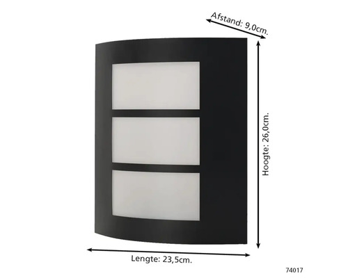 Lumină de perete cu dimensiunile de 26,0 cm înălțime, 23,5 cm lungime și 9,0 cm distanță.